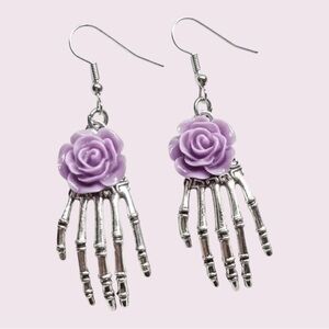 Rose Skeleton Hand Dangle Earrings – Purple Flower Gothic Halloween Jewelry​